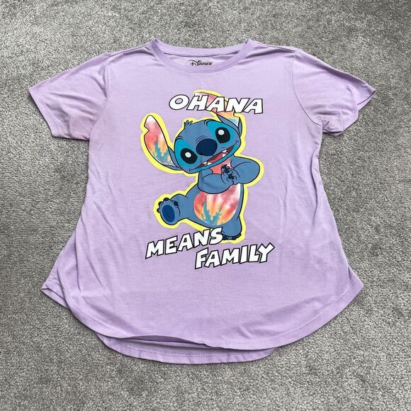 Disney Stitch Ohana Means Family Graphic T-Shirt Juniors Large Purple Casual Tee - Picture 1 of 13